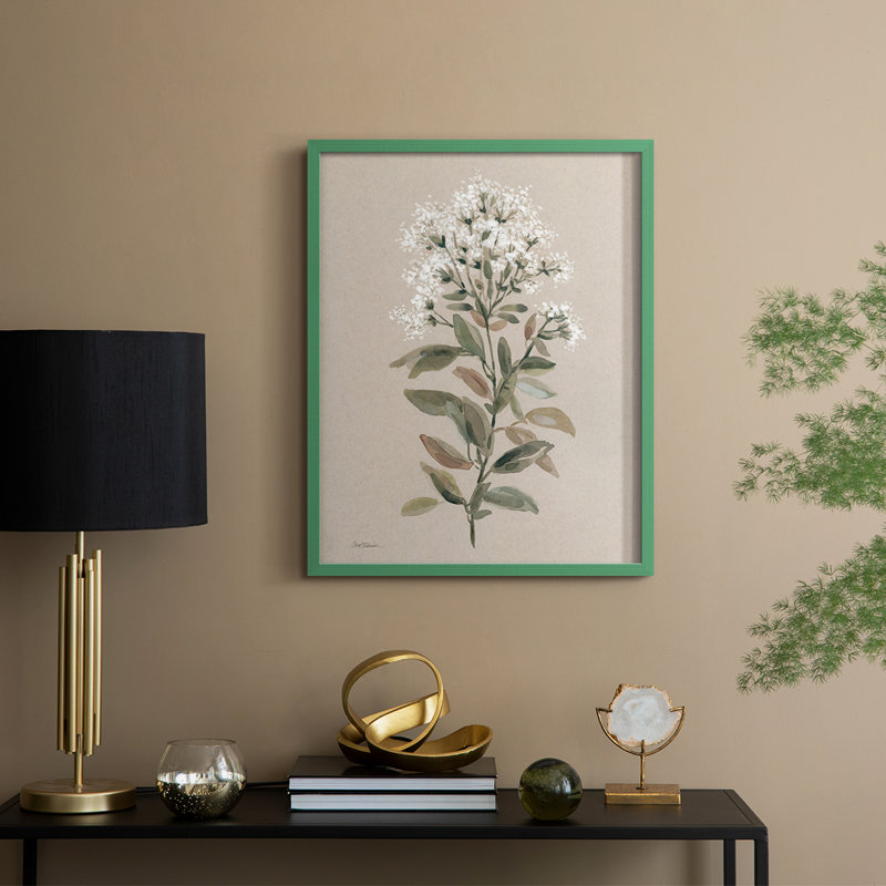 Reproduction encadrée de tiges florales blanches II - bois massif, H 15 po x l 12 po, Vert