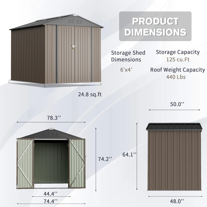 Outdoor 6 ft. W x 4 ft. D Metal Storage Shed, Brown/Black
