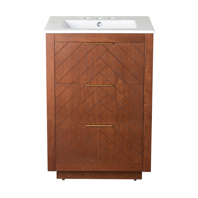 Meuble-lavabo autoportant 24 po Daxton en chêne brun avec comptoir noir à 3 trous, Blanc