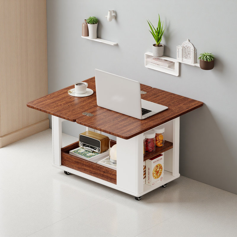 Table basse / table d'appoint moderne 27,6 po avec plateau pliable et roulettes, rangement à plusieurs niveaux, Blanc