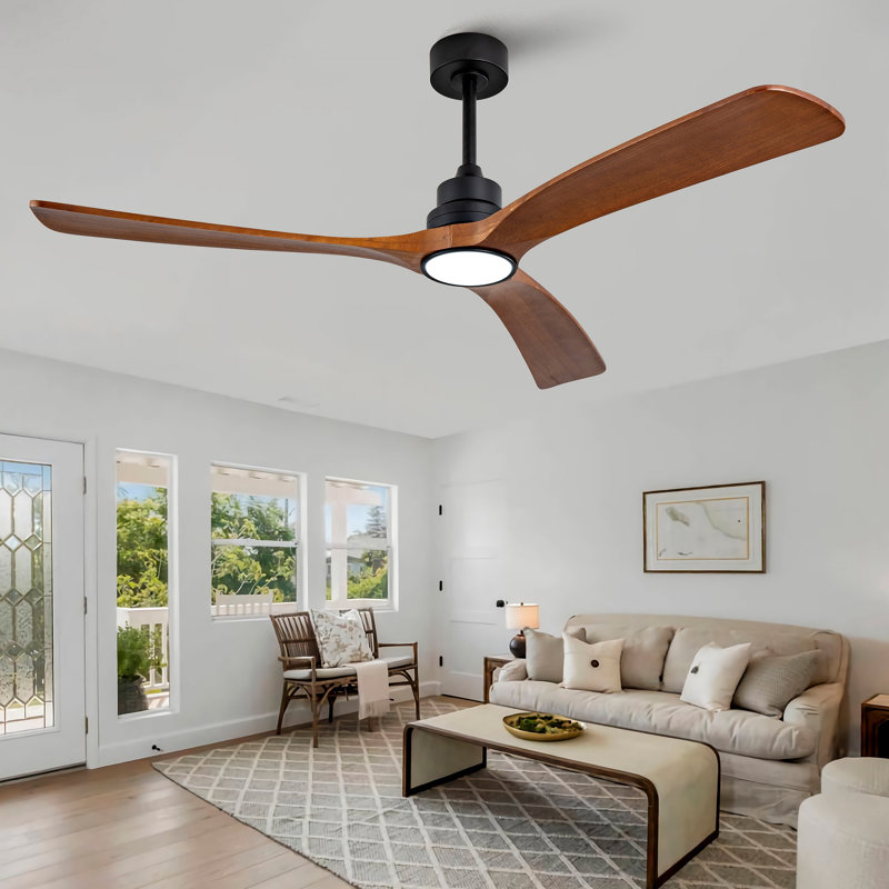 Wood Ceiling Fan With 3 Solid Wood Blades Remote Control Reversible DC Motor For Living Room, 60.03" Wide