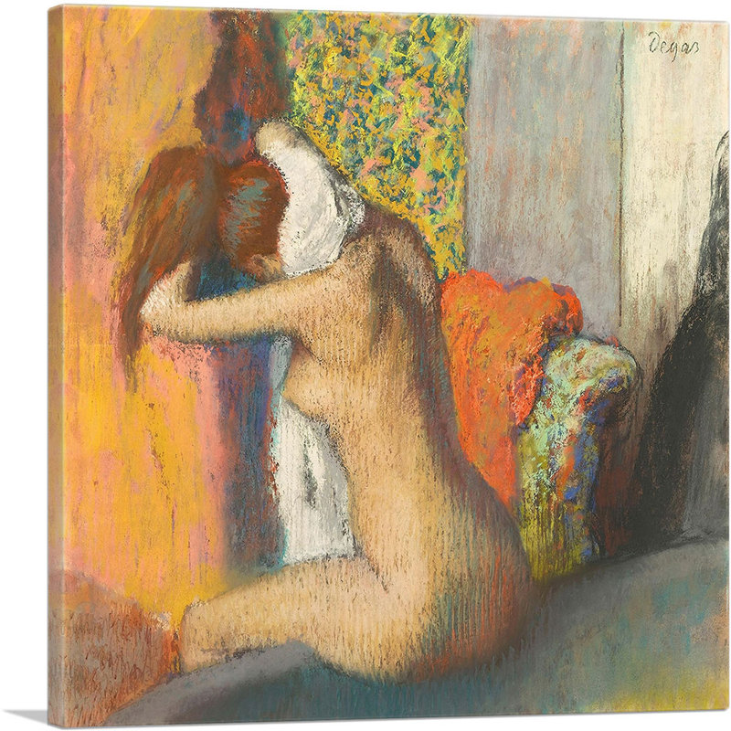 «After The Bath, Woman Drying Her Neck 1895» par Edgar Degas - peinture sur toile tendue, H 18 po x l 18 po x P 1,5 po