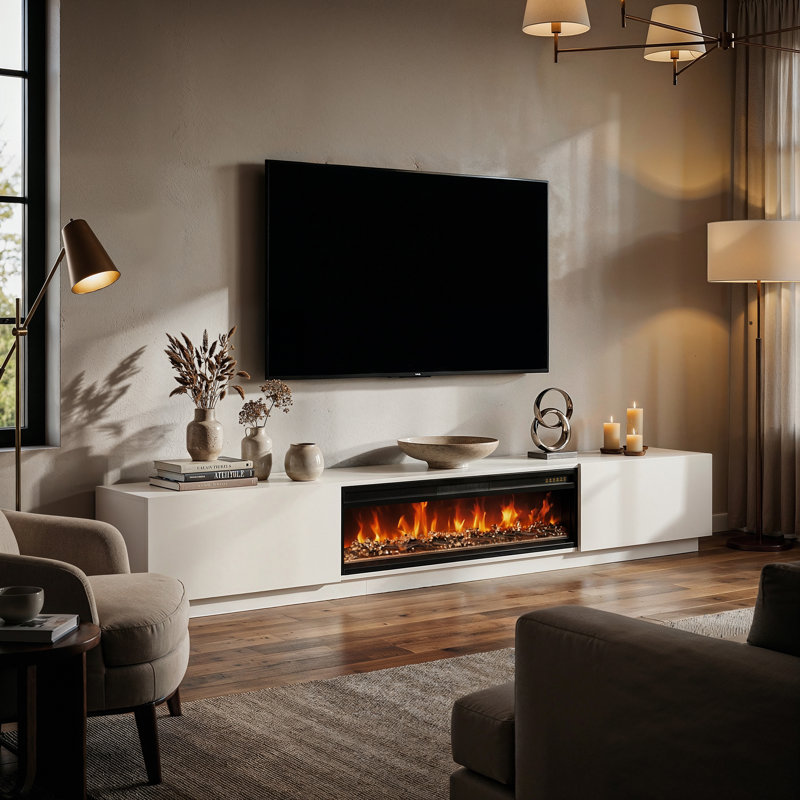 109.7" W Solid and Manufactured Wood TV Stand with Electric Fireplace, White