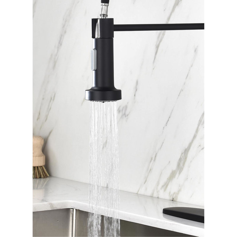 Robinet de cuisine rétractable à poignée simple noir mat, acier inoxydable, buse rotative à 360 °, deux réglages de débit d'eau pour une meilleure utilisation Acier noir avec douchette rétractable, différents besoins rotatifs