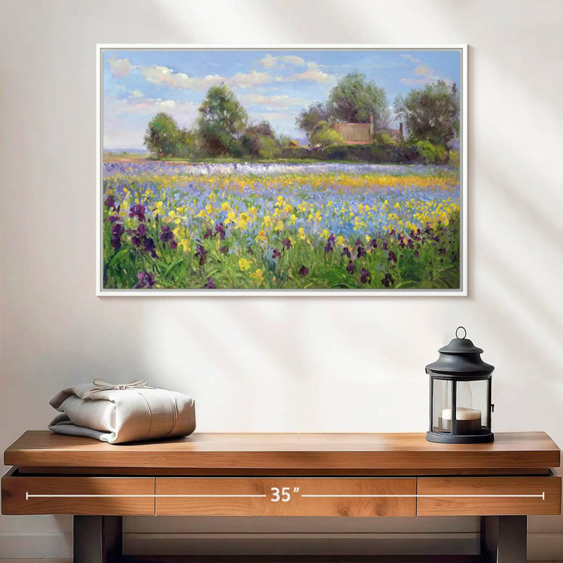 Ferme et champ d'iris, Cadre flottant blanc, 25 po x 17 po