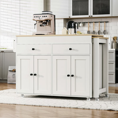 Îlot de cuisine 74,5 po avec table de salle à manger extensible, îlot de cuisine sur roulettes avec support à épices et 2 tiroirs, armoire à 4 portes, pour la cuisine, la salle à manger, blanc (un paquet)