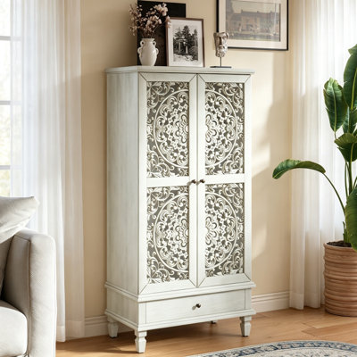 Armoire de rangement rustique de 55 po de hauteur, armoire en bois sculpté à 2 portes avec tiroir et pieds en bois massif pour le couloir du salon, gris antique et blanc