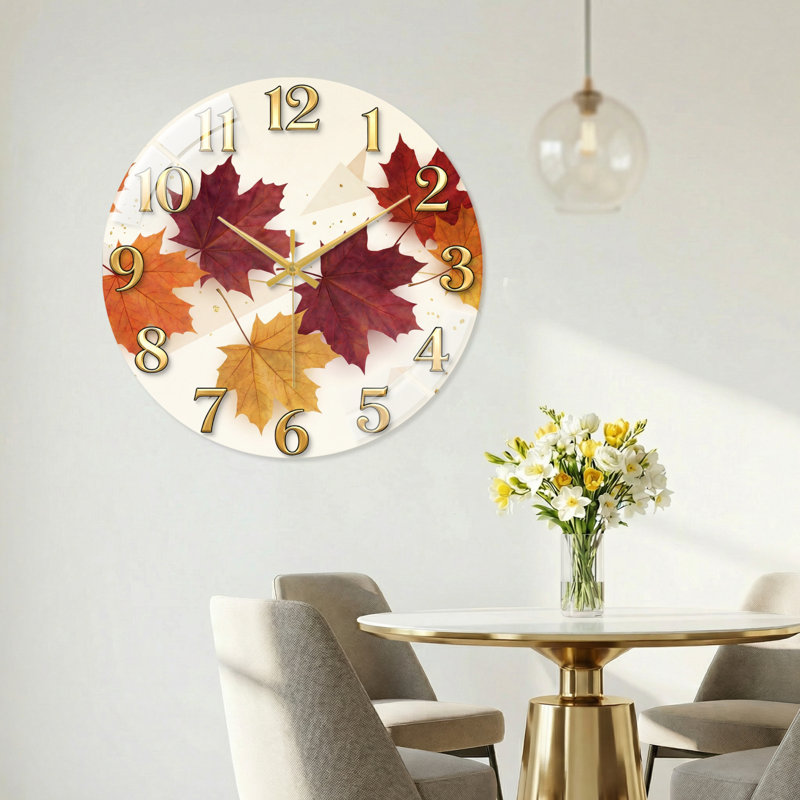 "Autumn Leaves", horloge murale en verre, 40 x 40 cm (15,7 x 15,7 pouces)