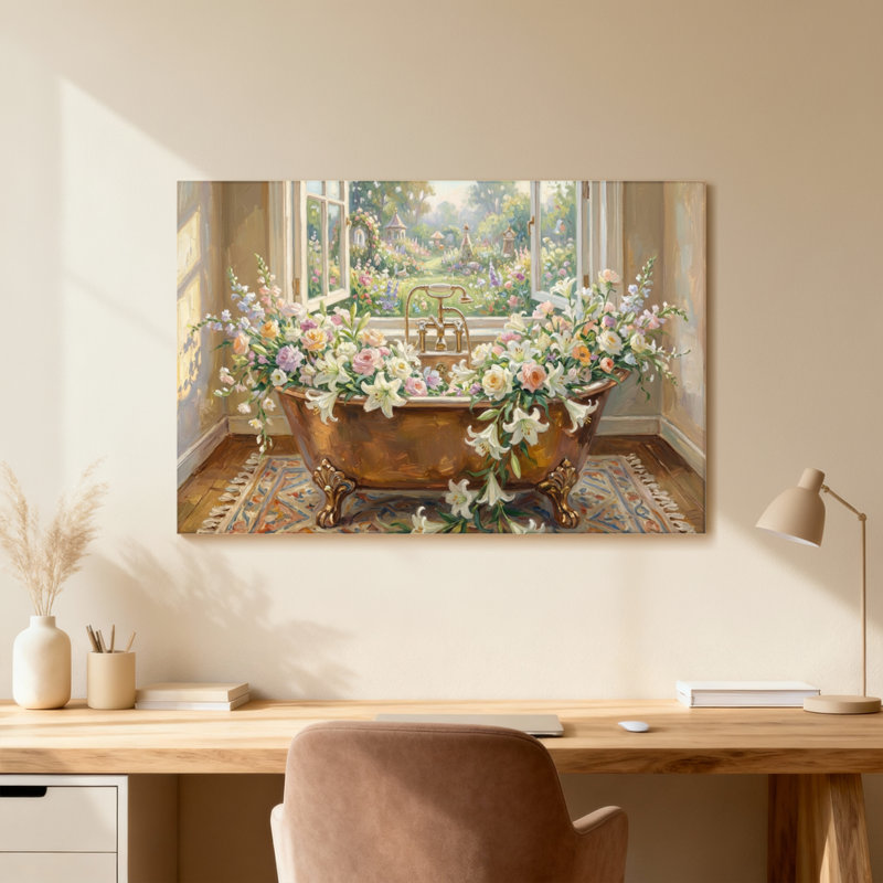 Scène de fenêtre florale avec baignoire et jardin, H 24 po x l 36 po, Toile tendue, Ne s’applique pas
