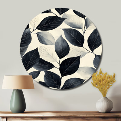 Black Beige Leaves Gentle Breeze I - Traditional Black Metal Art Print, Leaves Round Metal Wall Art