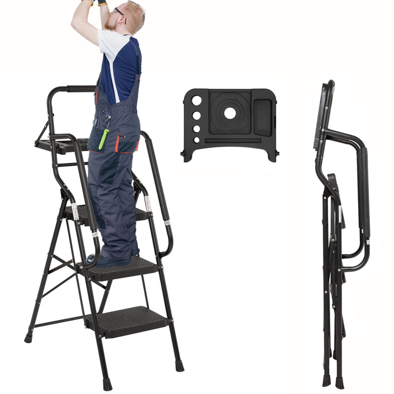 Échelle à 3 marches avec mains courantes, échelle pliable de 330 lb avec plateforme à outils, escabeau robuste avec pédale large antidérapante, petite échelle géante pour la maison
