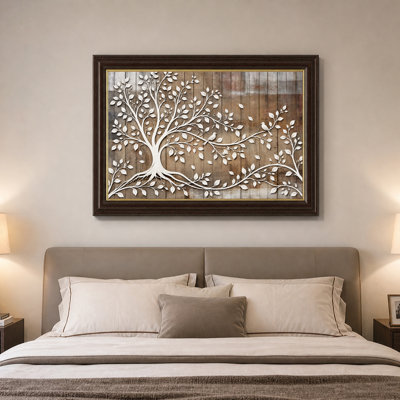 Arbre blanc avec des oiseaux sur des planches de bois vieillies, art mural sur toile