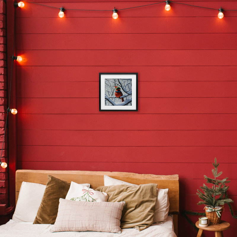 «Winter Cool Cardinal», impression par Jim Baldwin, H 13 po x l 13 po, Cadre noir minuit