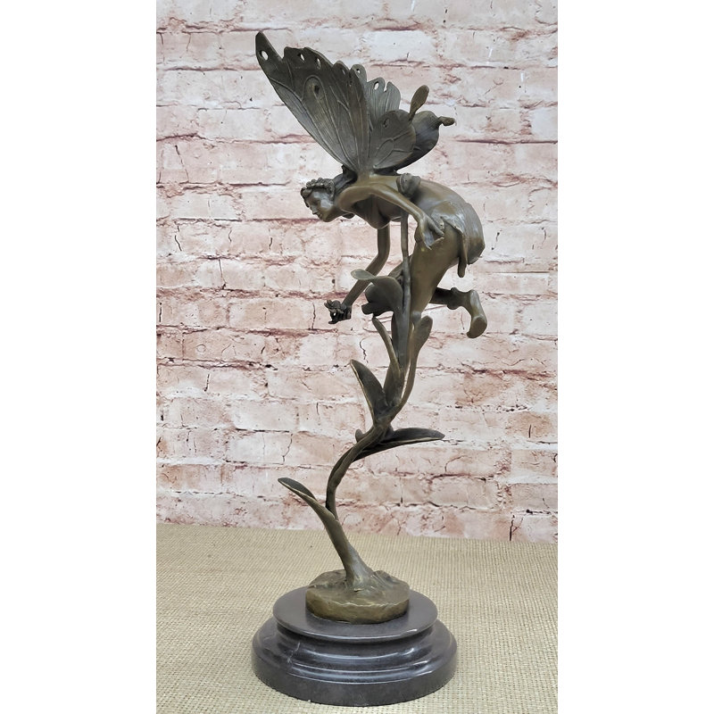 Mythique fée, scène florale, sculpture florale, statue en bronze, base en marbre, art 19 po x 7 po