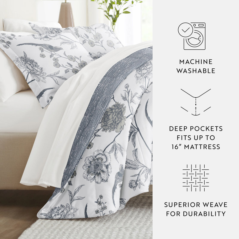 7 Piece Bedding Set - Comforter and Sheet Set, Édredon double + 1 pièce supplémentaire, Motif floral bleu