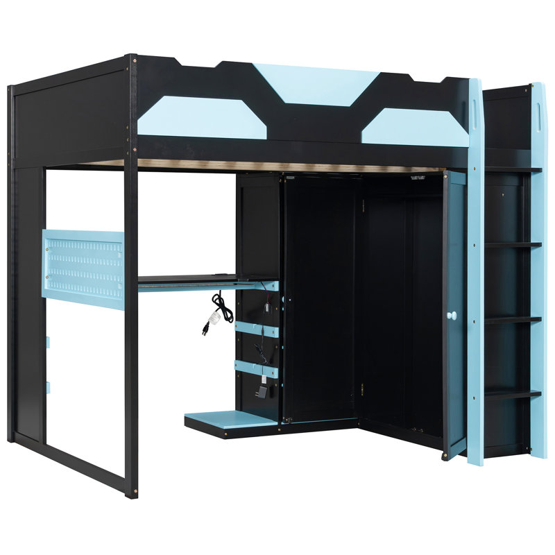 Lit mezzanine en bois pleine grandeur bleu nuage avec lumières, charge, multi-rangement et support pour une chambre organisée efficace