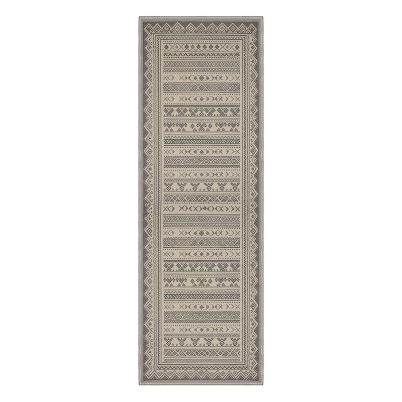 Tribal Geometric Machine Washable Sand Beige Indoor Area Rug With Non-Slip Backing, Runner 2' x 7'