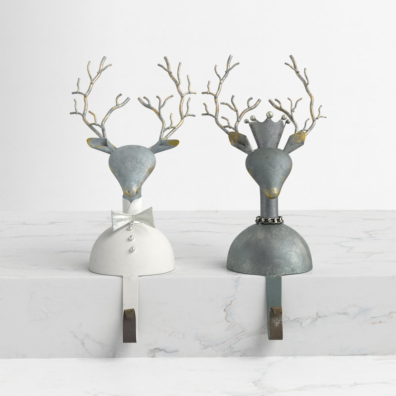  Metal Deer Stocking Holders Gray White-Washed- 14 inch Holiday Décor