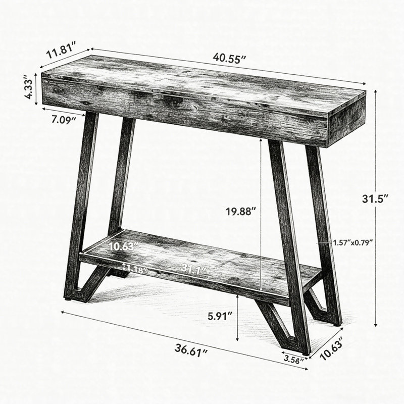 Console industrielle 41 po, canapé d'entrée à 2 niveaux avec structure en métal géométrique, table d'appoint rustique