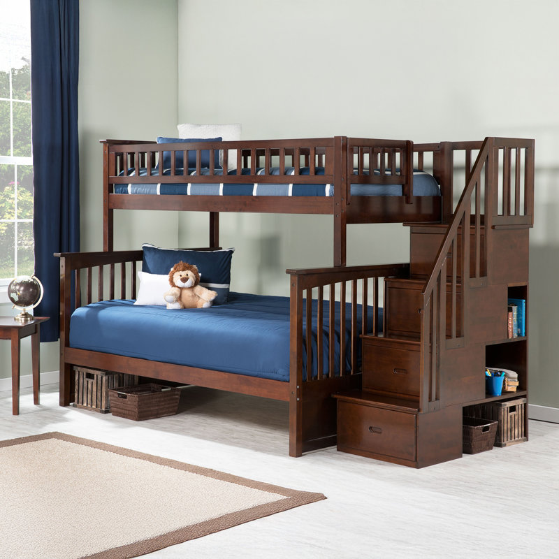 Flinn Kids Solid Wood Staircase Bunk Bed, Twin over Full, Walnut