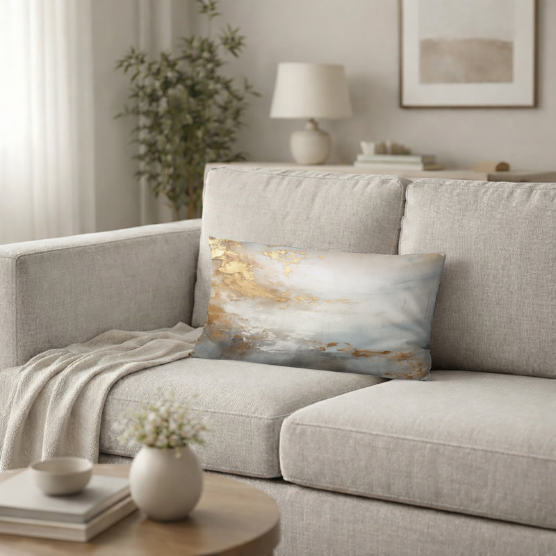 Coussin décoratif à formes abstraites - Beige, bleu, or, océan, tempête I, imprimé, H 12 po x l 20 po