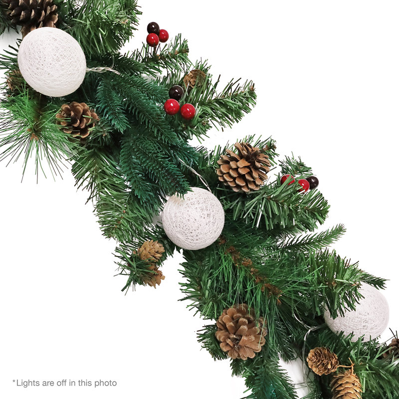 72" Artificial Mixed Berry Pine Cone Christmas Garland with Woven Globe String Light Set