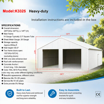 33FT x 25FT Metal Garage Barn Shed with Reinforced Steel Structure and Dual Doors for Durable Storage Solutions