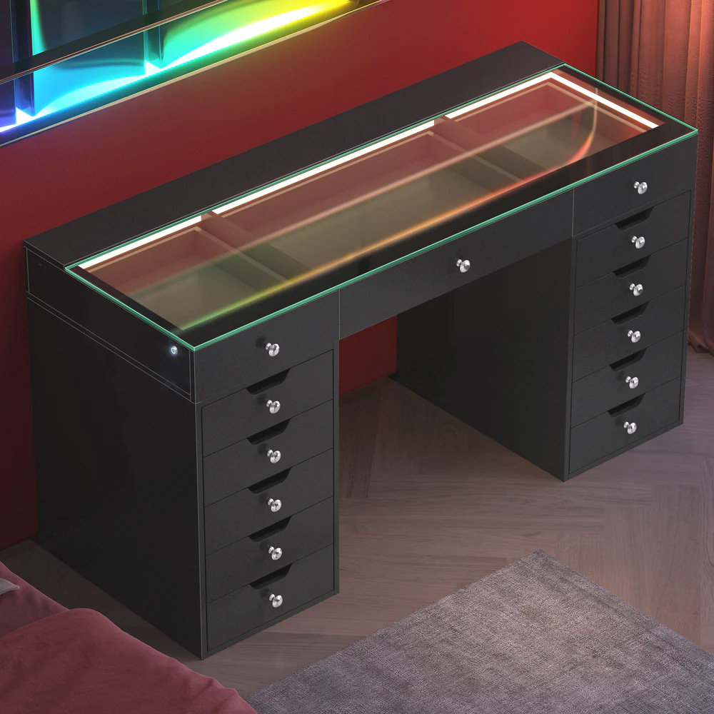 Paten Makeup Vanity HD Glass Top Built-in LED Light Strips Large 13 Drawers Diamond Handles USB and Type-C Latitude Run® 