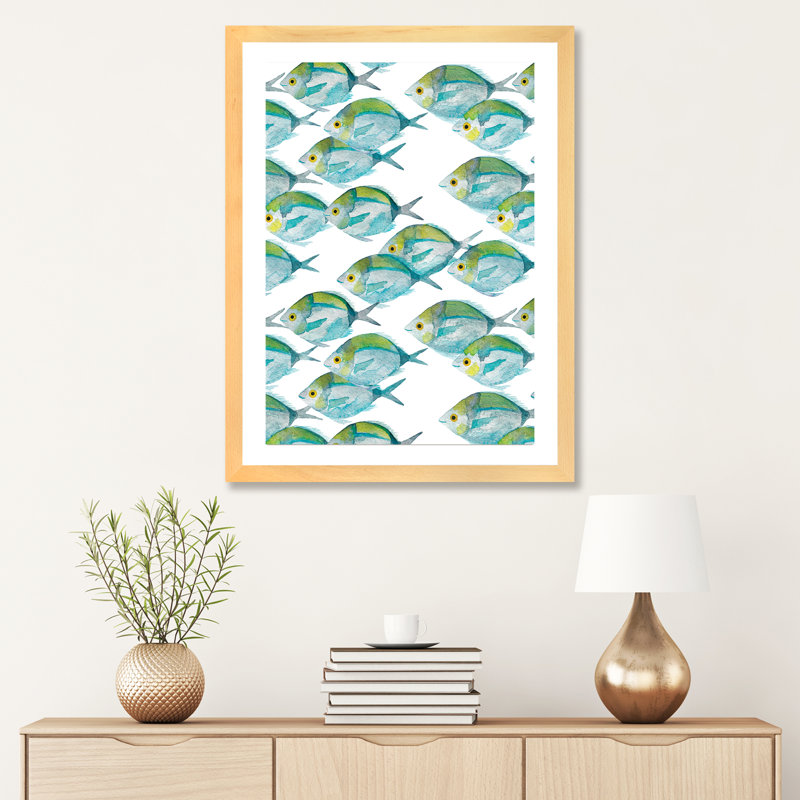 Motif de poissons - imprimé, Papier avec cadre beige, Blanc, H 32 po x l 24 po x P 1 po