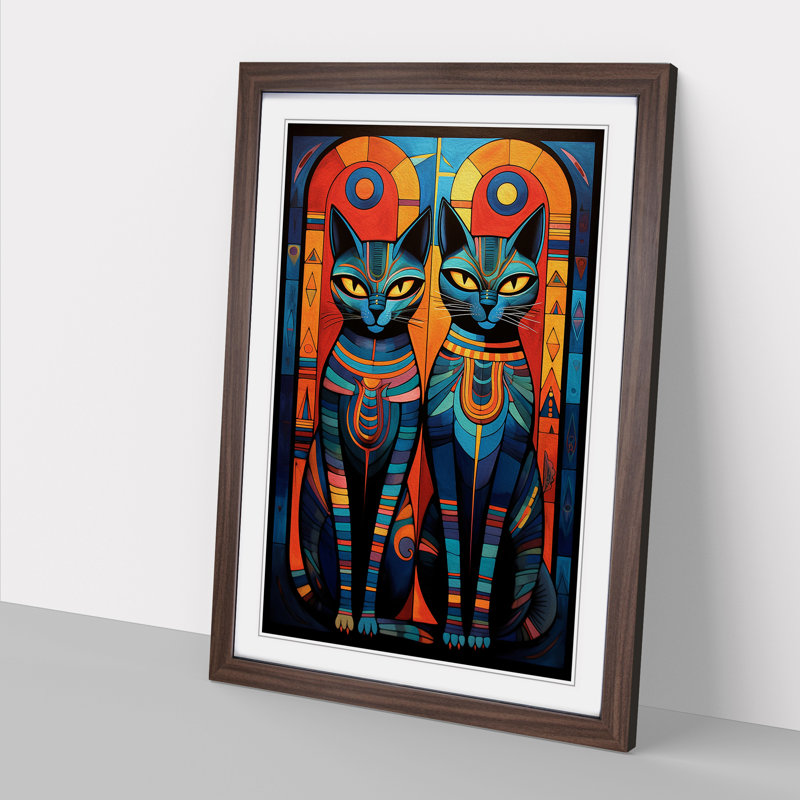 XYZ-FRM-V1223-622 Egyptian Cat Symbolism - Single Picture Frame Print on Wood, 64cm H x 46cm W x 2cm D, Walnut