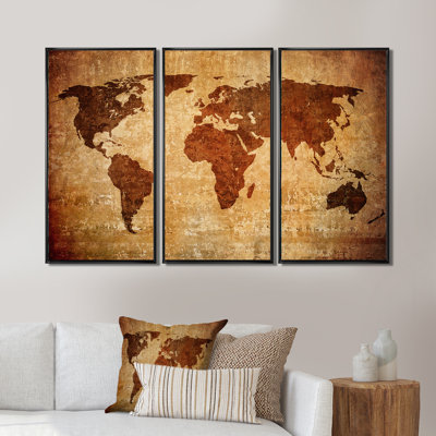 Ancienne carte du monde, impression sur toile flottante 3 pièces