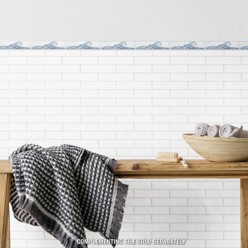 Captain Kanagawa Wave 2" x 8" Glossy Ceramic Specialty Trim in Blue/White, Glacier Blue