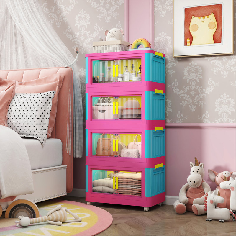 Armoire de rangement latérale pliante large, 4 niveaux, 19,69 po x 11,81 po x 40,55 po, bacs de rangement pliables avec porte magnétique, armoire de rangement en plastique avec roues
