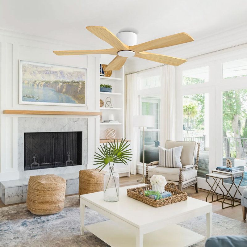 Ventilateur de plafond encastré à moteur à courant continu et à pales en bois massif 48 pouces Milan avec télécommande, blanc et grain de bois Milan
