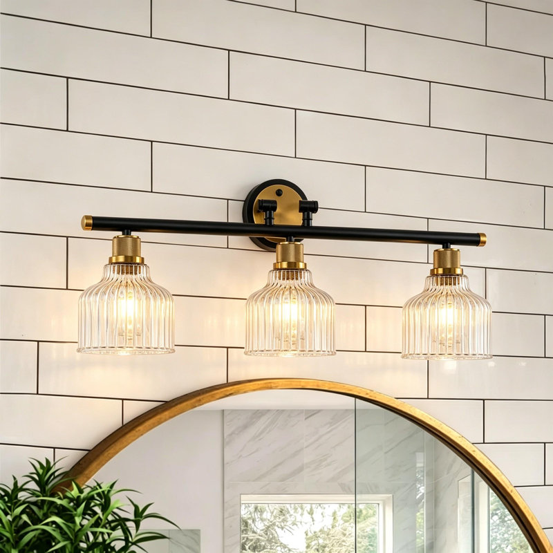 3-Light Bathroom Vanity Light with Clear Ribbed Glass Shades