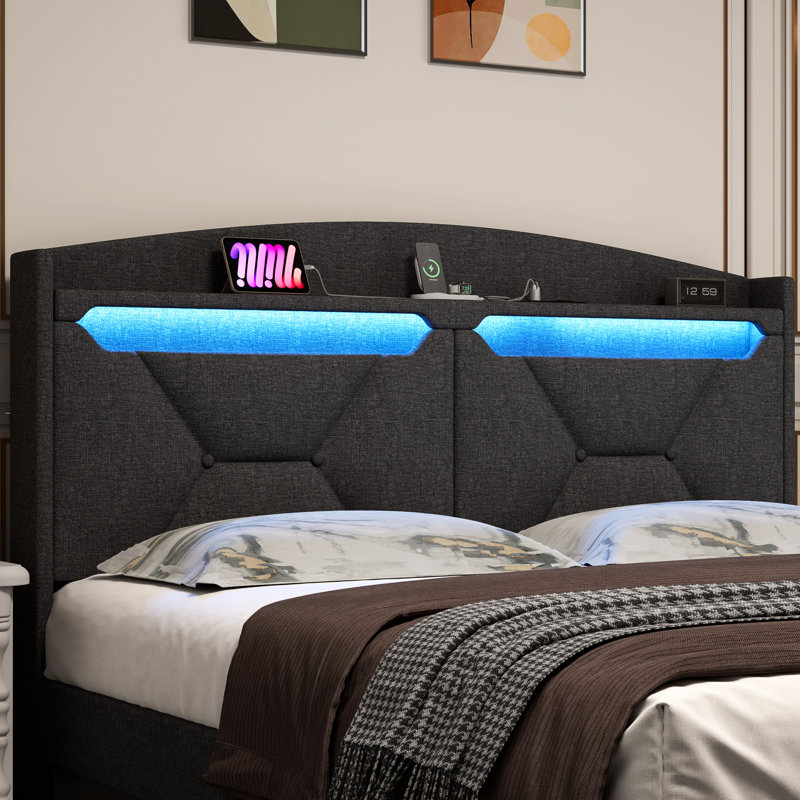 Structure de lit pour grand lit avec rangement pour tête de lit et prise de courant, gris, 3 lumières à DEL réglables, 2 tablettes - tissu