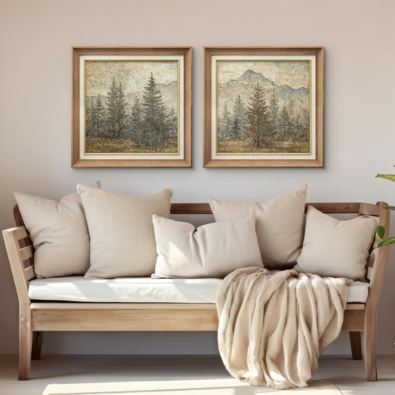 «Rustic Mountain Pine Forest Neutral Nature Landscape», reproduction d'art encadrée de la chambre principale, 2 pièces