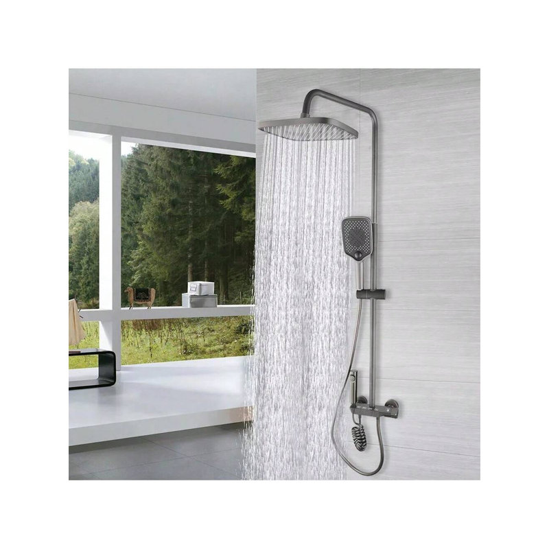 Gunmetal Gray Wall Mount Shower System,4 Function Piano Key Shower Control, ABS Square Rain Shower Head Set with Spray Gun