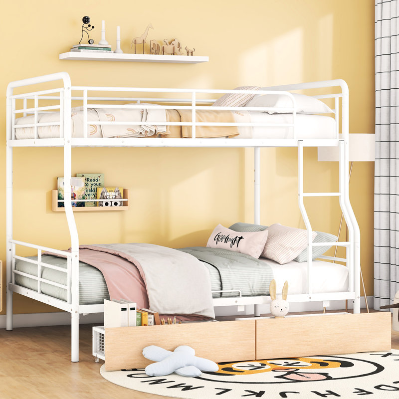 Lit superposé au-dessus de grand lit double en métal blanc avec 2 tiroirs - Structure épurée pour plus de sécurité et de style