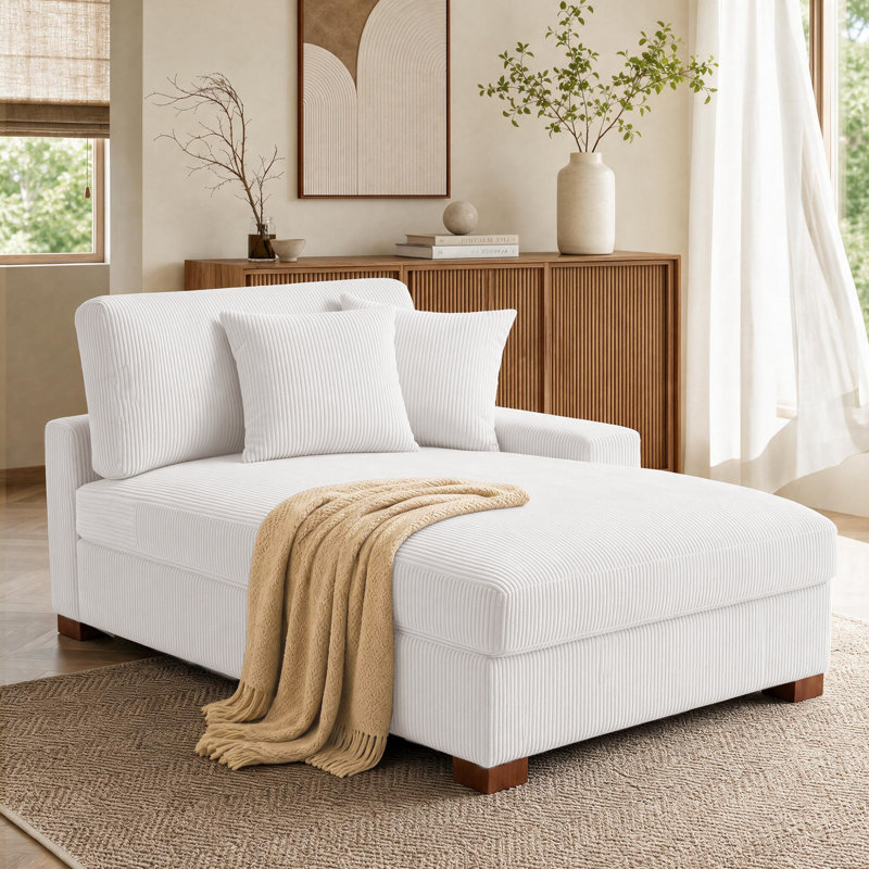 Chaise longue surdimensionnée en velours côtelé beige avec accoudoirs et coussins Milbrey, Beige, Face à la droite