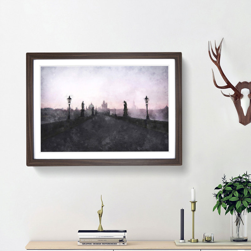 Charles Bridge in Prague - Picture Frame Graphic Art Print, Walnut Framed, 62cm H x 87cm W x 2cm D