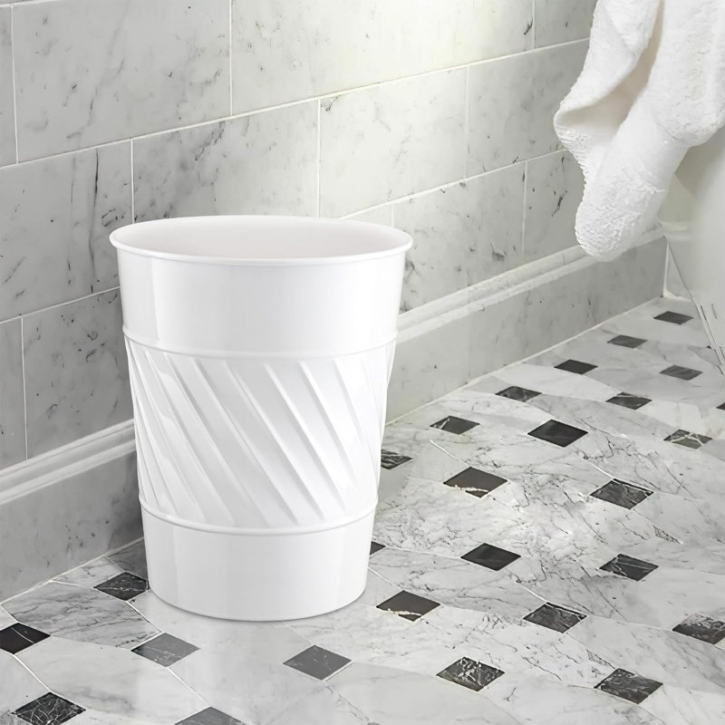White Wave Embossed Metal Wastebasket Trash Can
