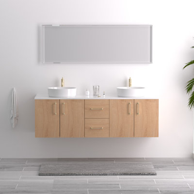 60 Inch Wall Mounted Bathroom Vanity With White Quartz Top