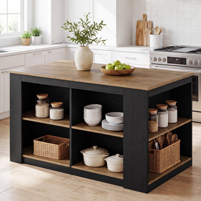 55" Brown and Black Kitchen Island with Storage Shelves, Dining Table with Large Worktop for Kitchen