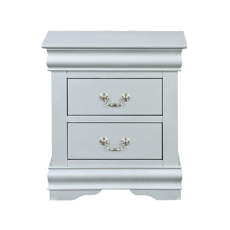 Table de chevet 2 tiroirs en bois de platine - pin, panneau de particules et gris argenté avec 2 configurations et poignées luxueuses