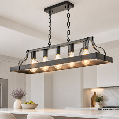  34" 5-Light Black Finish Linear Chandelier, Farmhouse Kitchen Island Pendant Light