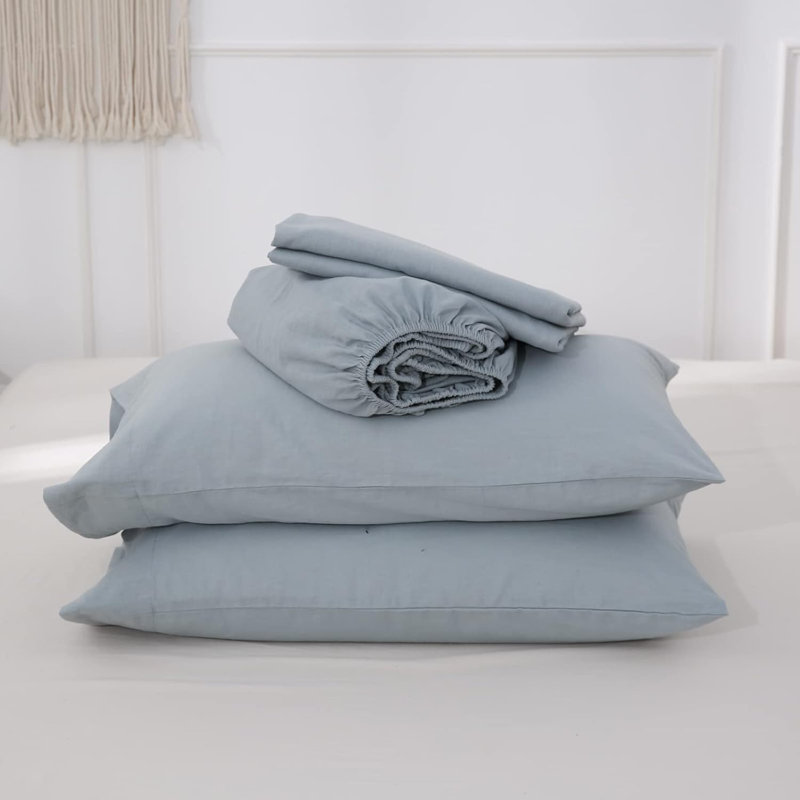 Ensemble de literie en lin belge, Bleu cendré, Ensemble de draps pour grand lit avec 2 taies d'or
