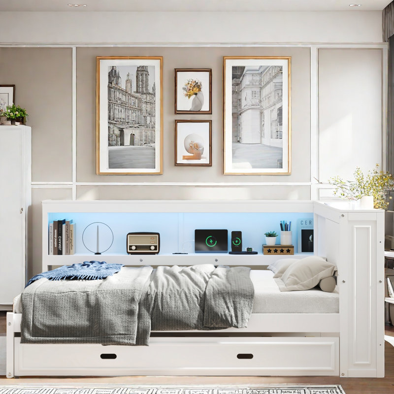 Wooden Daybed With Storage Shelves, Charging Station, Led And Trundle, White