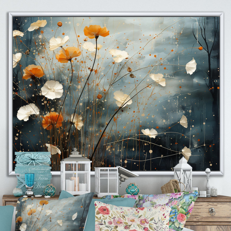 Coral Dandelion Floral Symphony III sur impression sur toile, H 16 po x l 32 po x P 1 po, Cadre flottant blanc