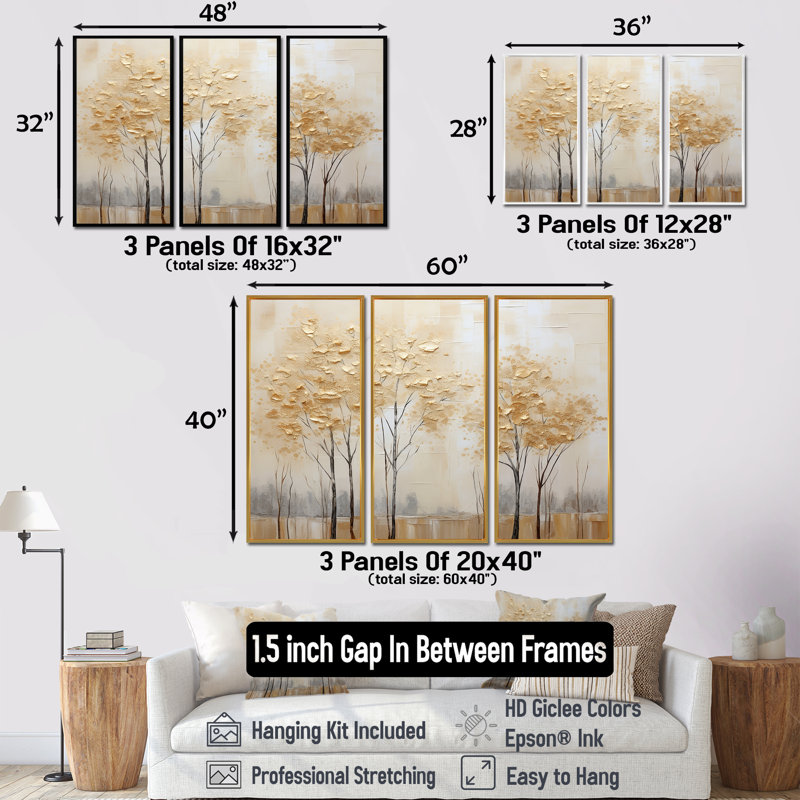 Minimalisme Golden Trees Tranquility I - ensemble d'art sur toile, H 40 po x l 60 po, Cadre flottant brun